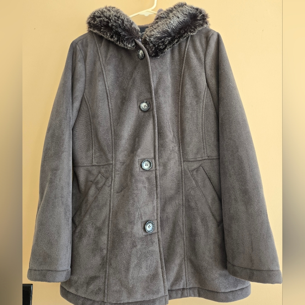 Nautica Charcoal Buttoned Coat Faux Fur Hood Size Large